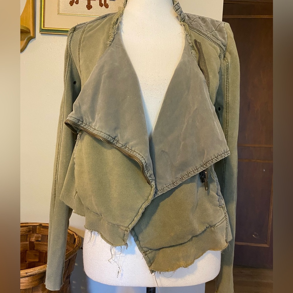 Green distressed moto style jacket with pockets and drape waterfall front